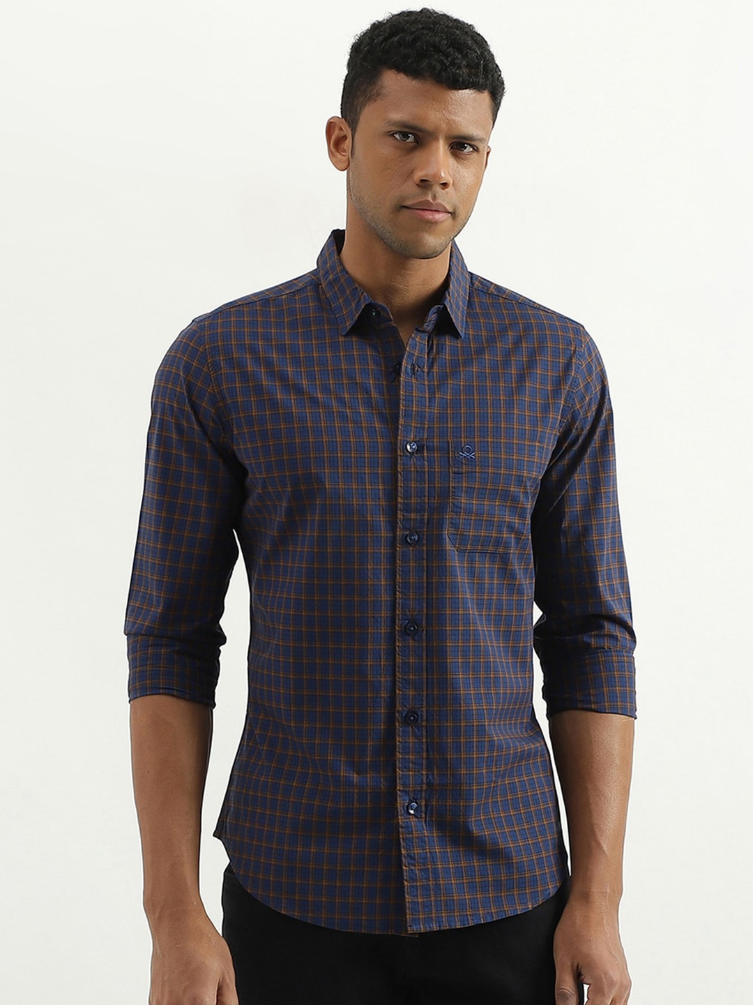 

United Colors of Benetton Men Blue Slim Fit Tartan Checks Cotton Casual Shirt