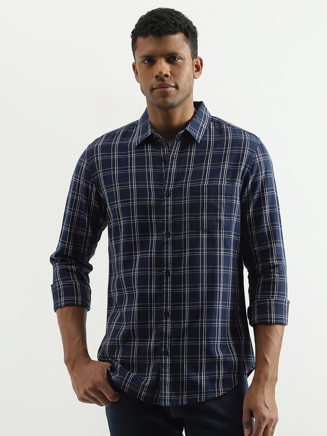 

United Colors of Benetton Slim Fit Tartan Checks Opaque Cotton Casual Shirt, Blue