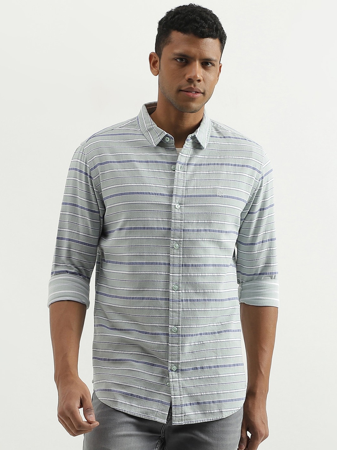 

United Colors of Benetton Slim Fit Horizontal Striped Cotton Casual Shirt, Blue