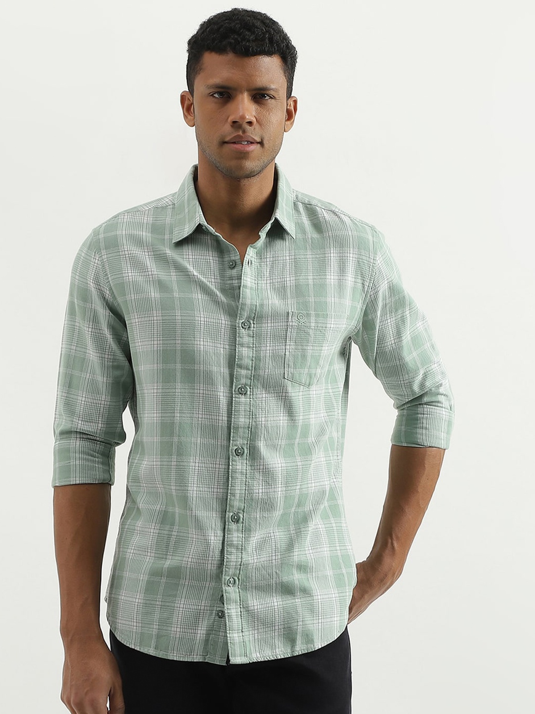 United Colors of Benetton Slim Fit Tartan Checked Cotton Casual Shirt, Green
