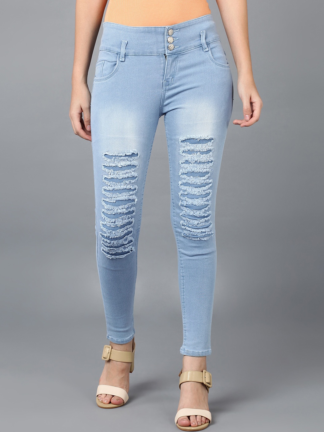 

A-Okay Women Slim Fit Highly Distressed Light Fade Embroidered Stretchable Cotton Jeans, Blue