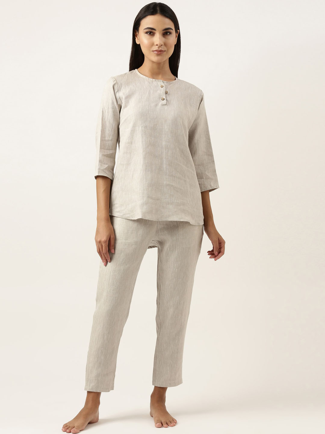

Ecentric Round Neck Cotton Top with Trousers, Beige