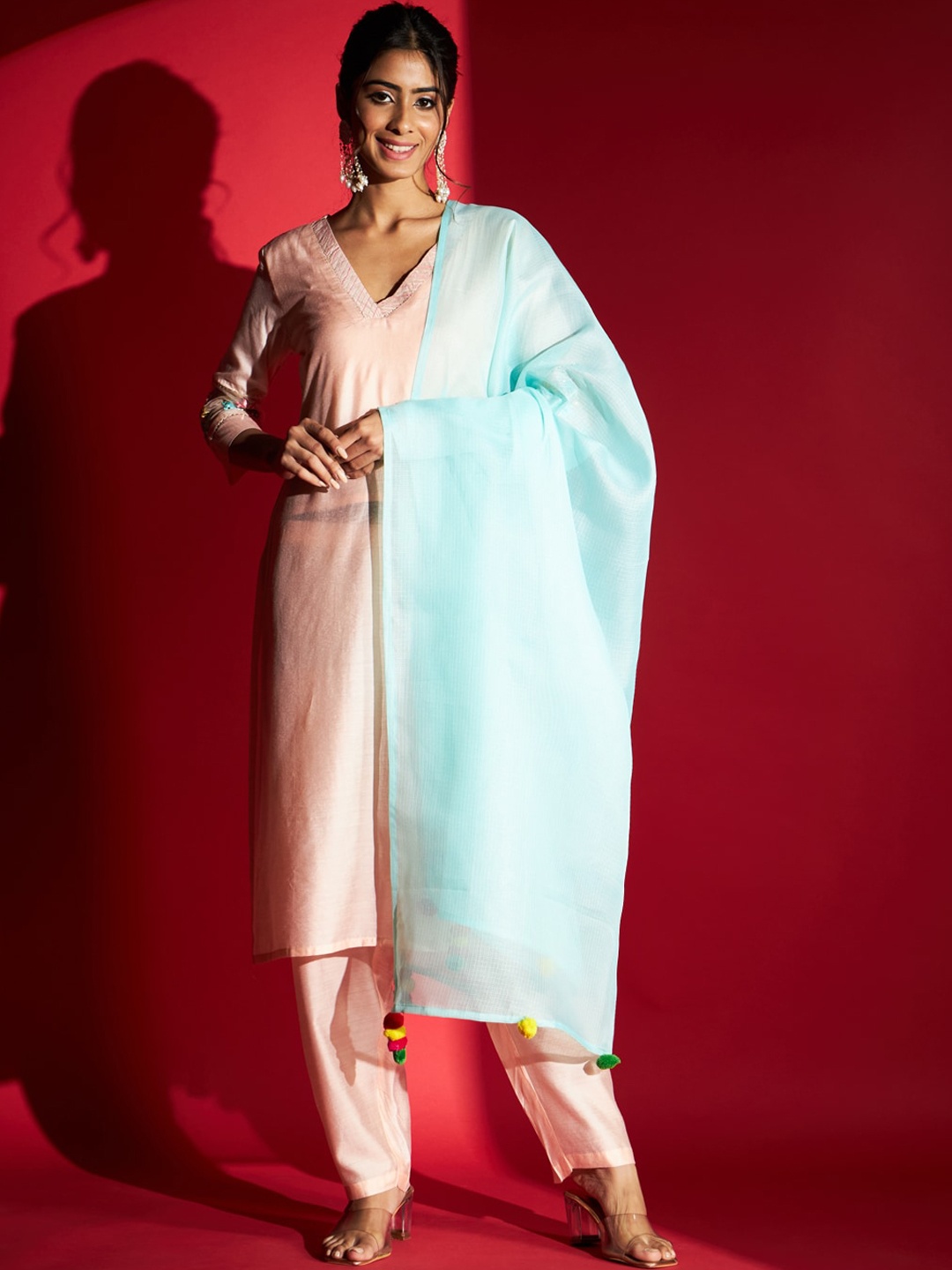 

KALINI Thread Work Pure Cotton Kurta With Trousers & Dupatta, Peach