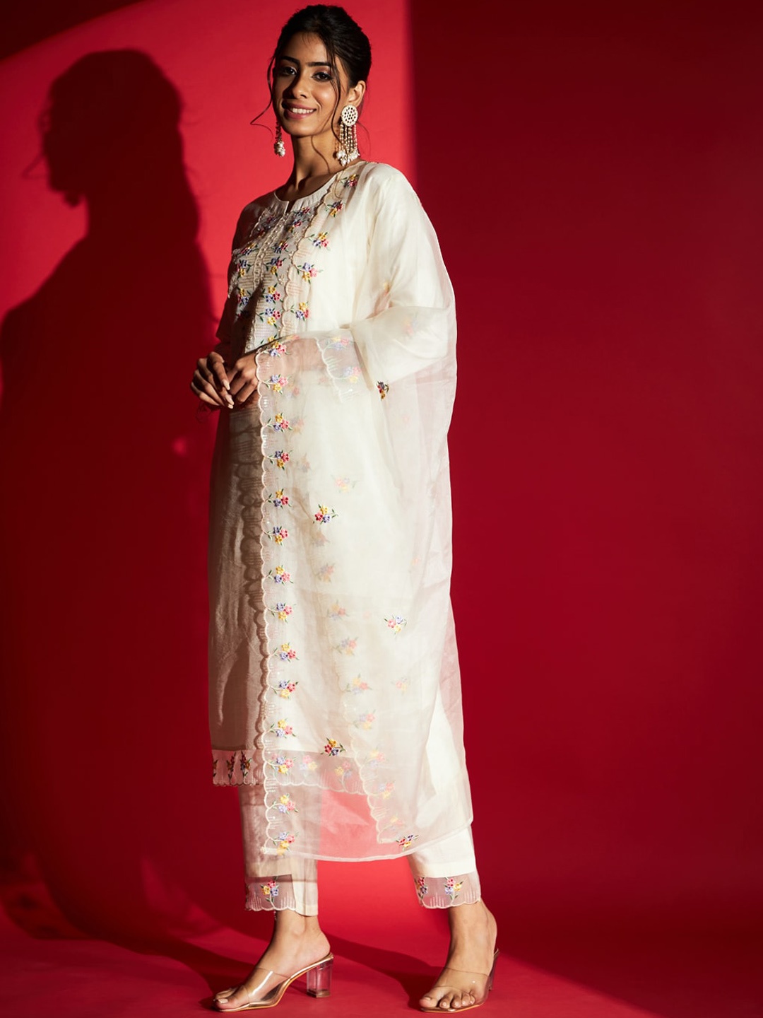 

KALINI Floral Yoke Design Thread Work Kurta With Trousers & Dupatta, Cream