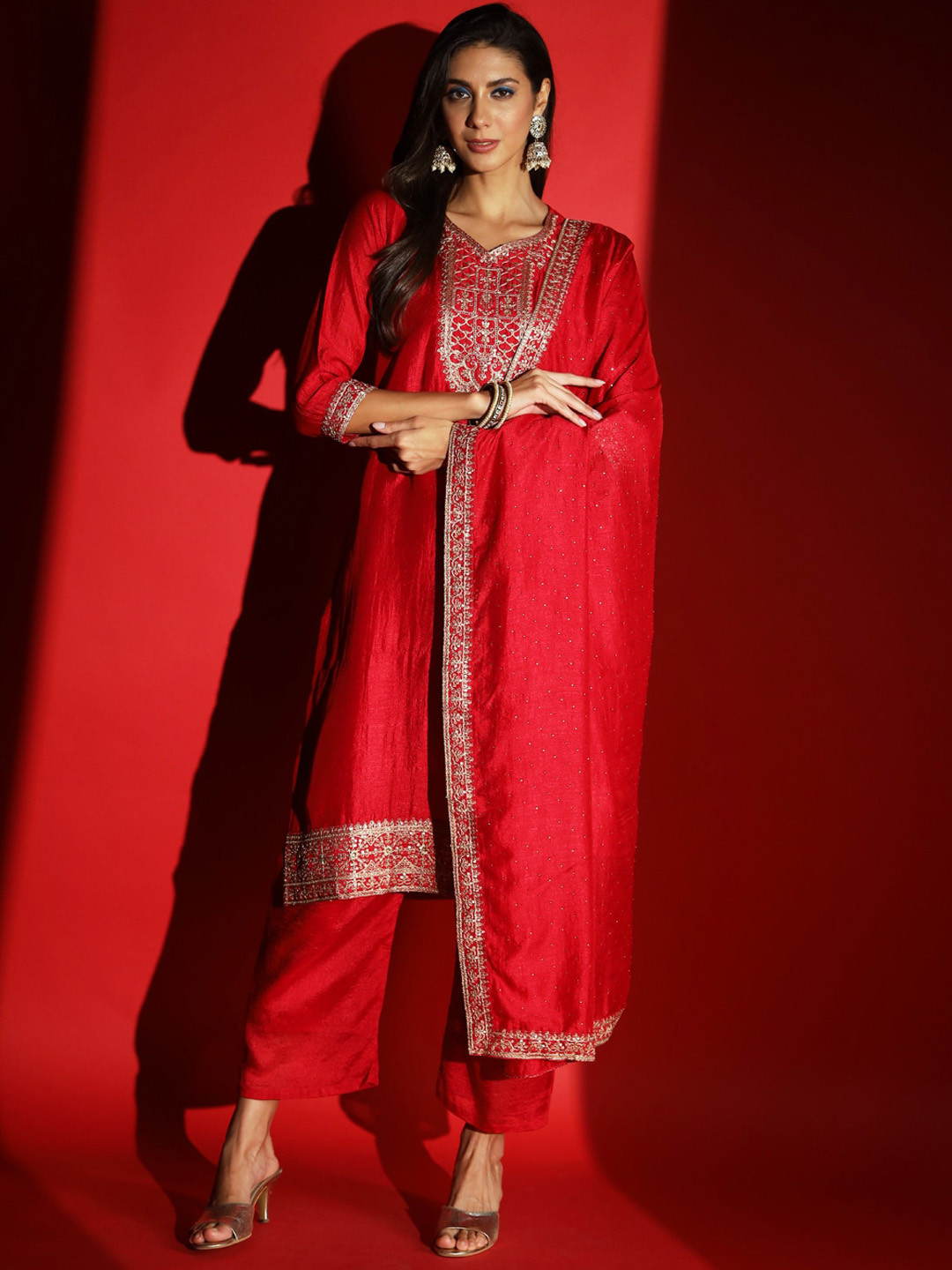 

KALINI Ethnic Motifs Embroidered Sequinned Kurta with Trousers & With Dupatta, Red