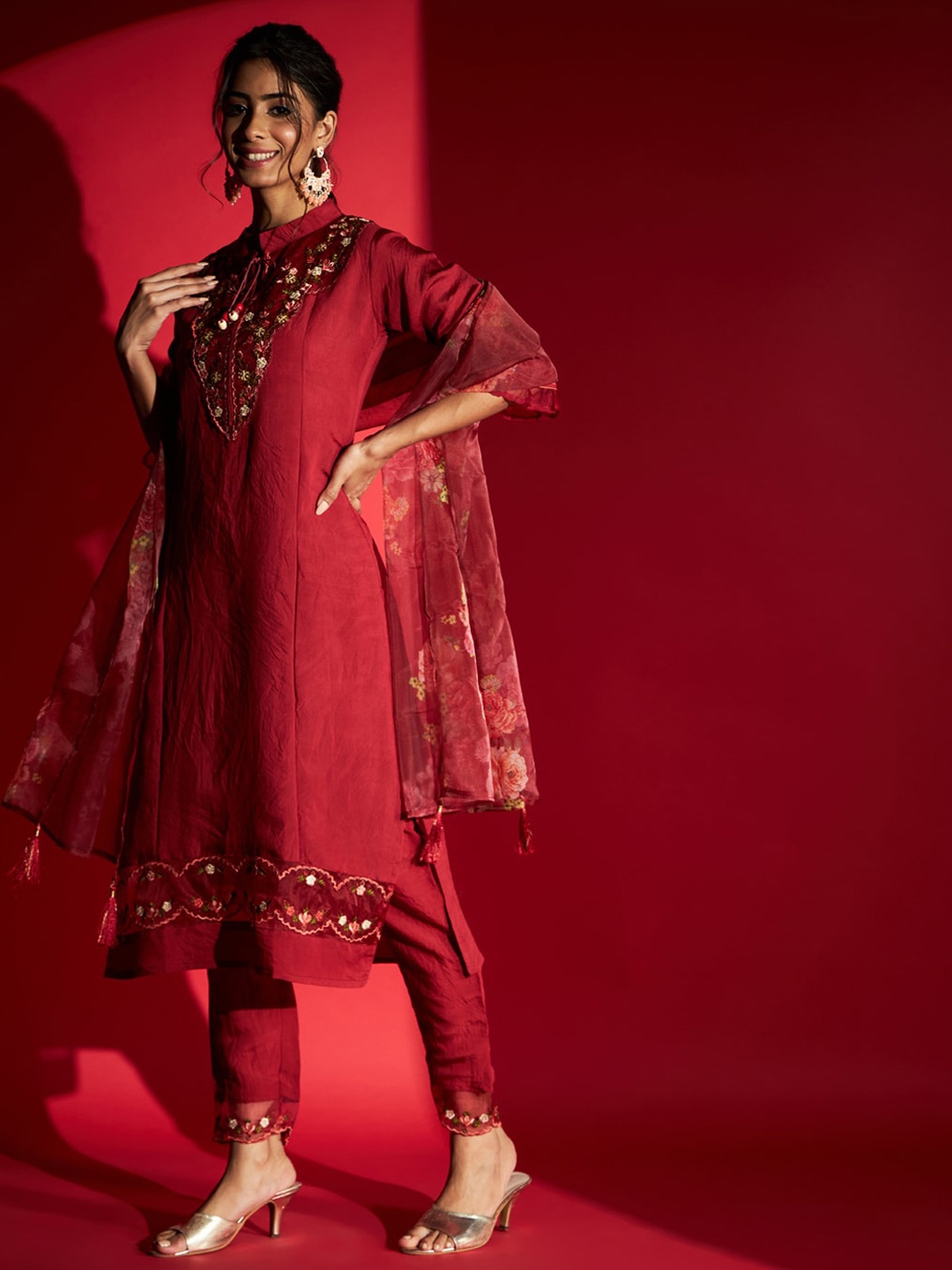 

KALINI Floral Embroidered Thread Work Kurta With Trousers & Dupatta, Rust