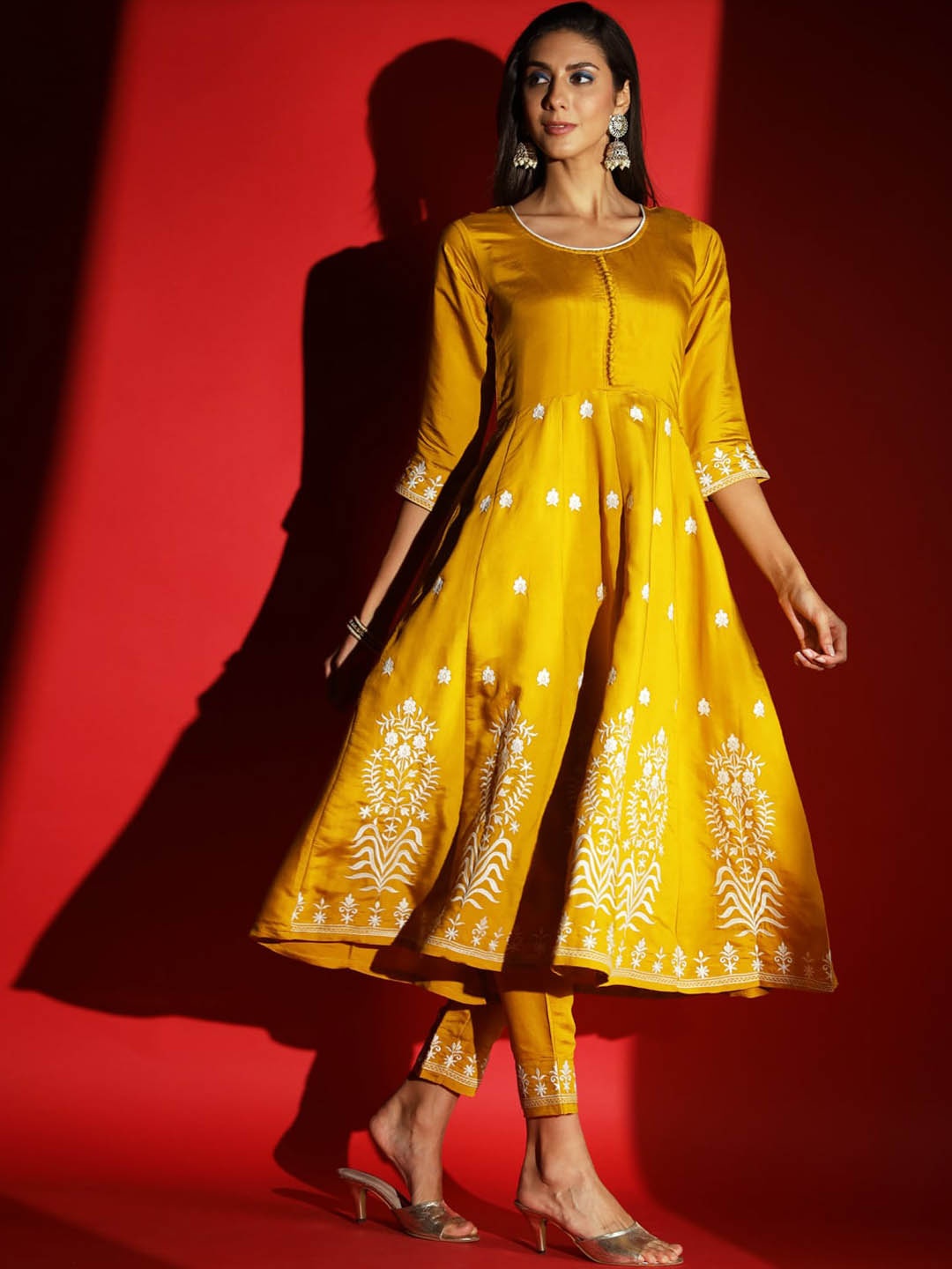 

KALINI Floral Embroidered Thread Work Chanderi Silk Kurta with Trousers & Dupatta, Yellow