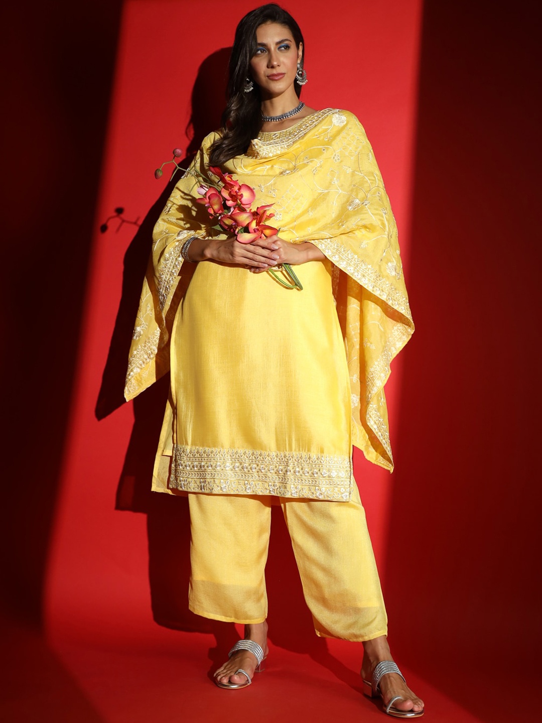 

KALINI Floral Yoke Design Thread Work Kurta With Trousers & Dupatta, Yellow