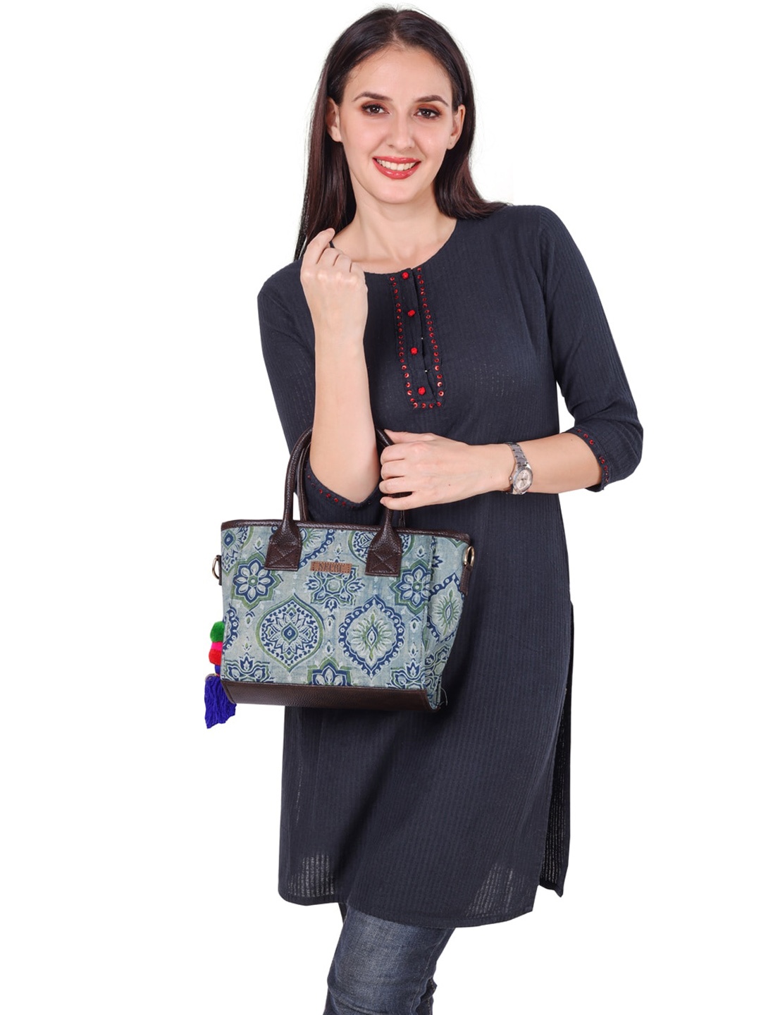 

NEPRI Ethnic Motifs Printed Satchel Bag, Green