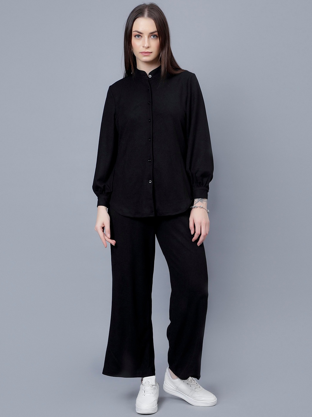 

Steele Shirt Collar Pure Cotton Shirt With Palazzos, Black