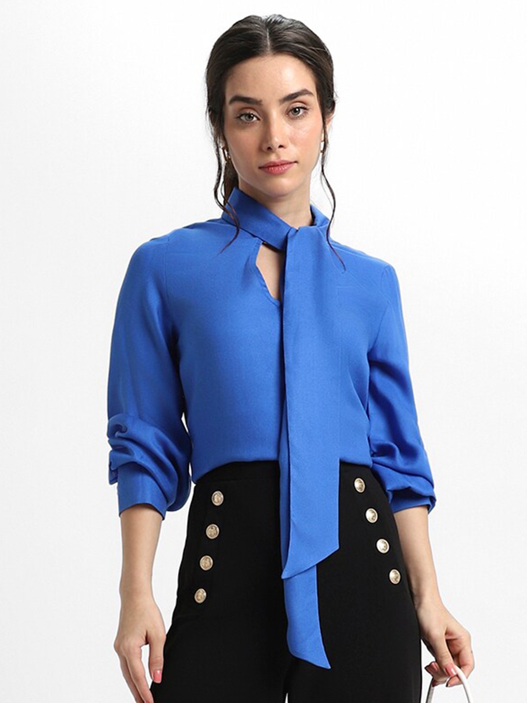 

DL Woman Tie-Up Neck Cuffed Sleeves Top, Blue