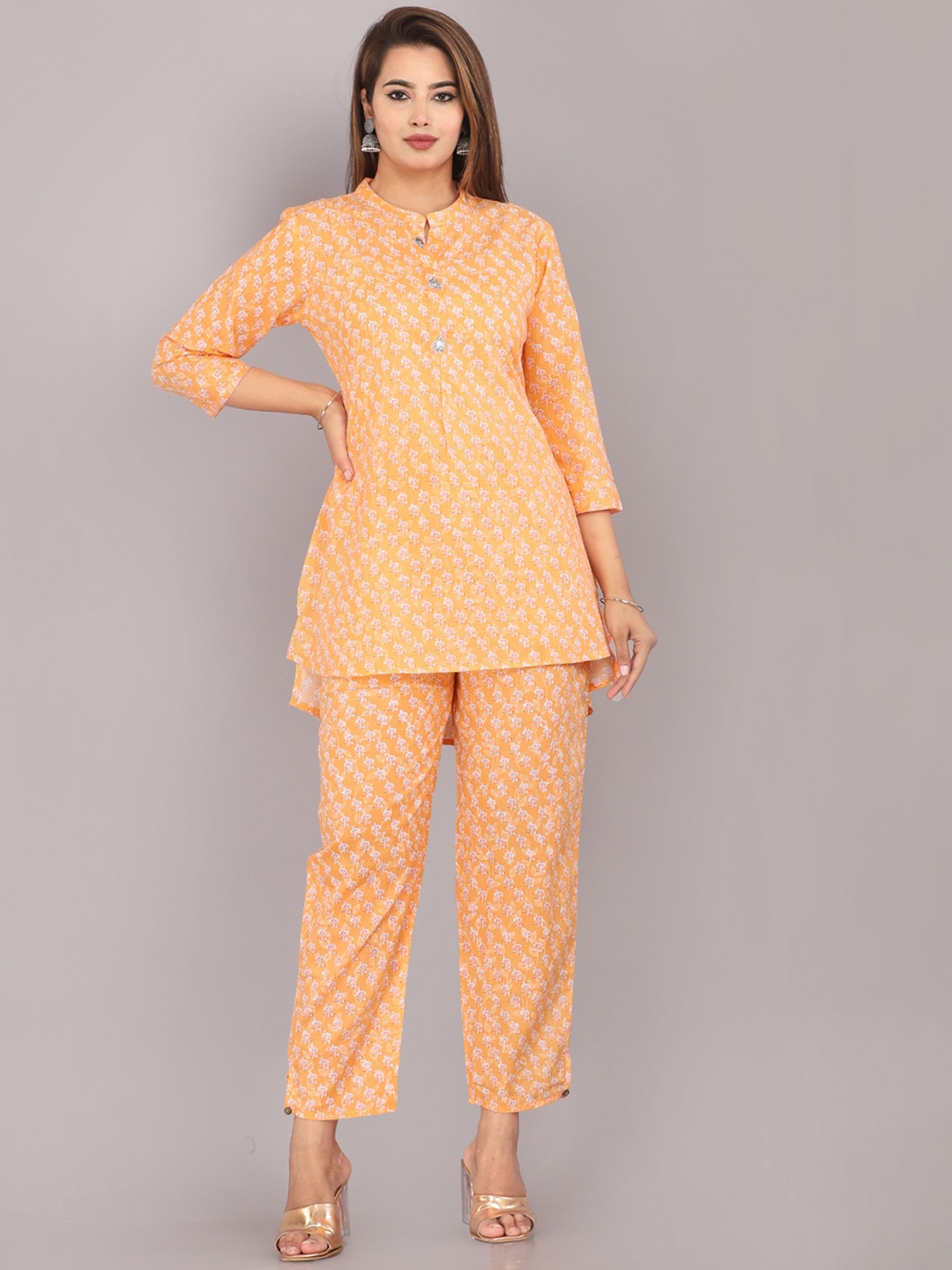 

HIGHLIGHT FASHION EXPORT Floral Printed Mandarin Collar Pure Cotton Tunic & Trousers, Orange