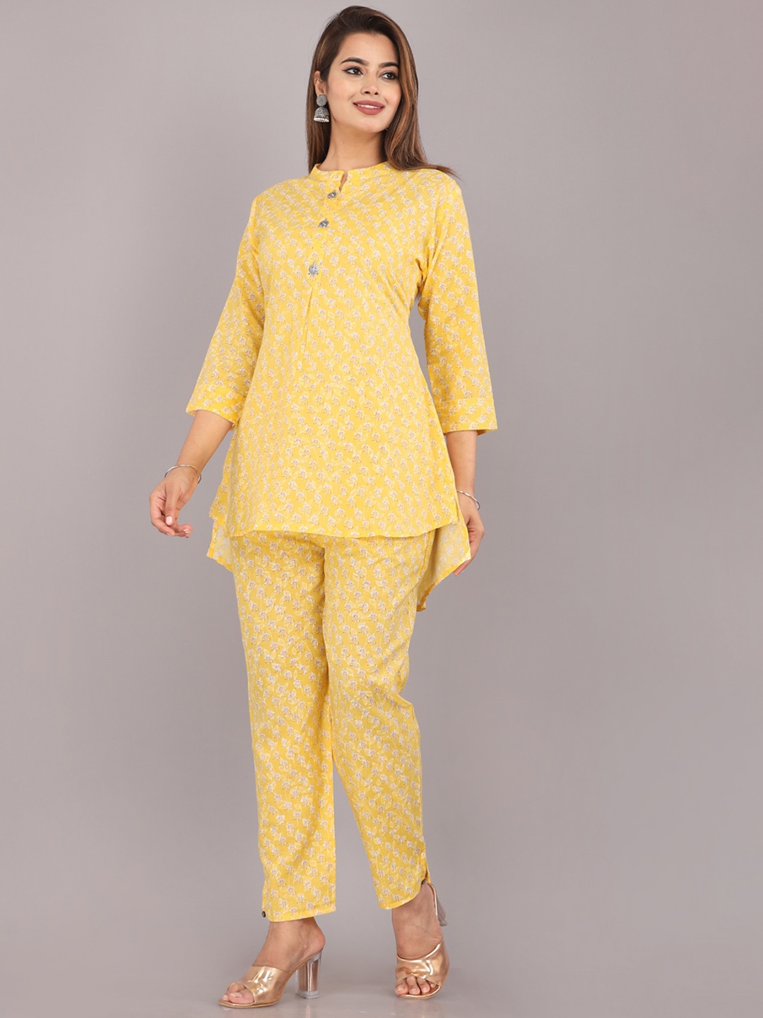 

HIGHLIGHT FASHION EXPORT Ethnic Motifs Printed Pure Cotton Kurta & Trousers, Yellow