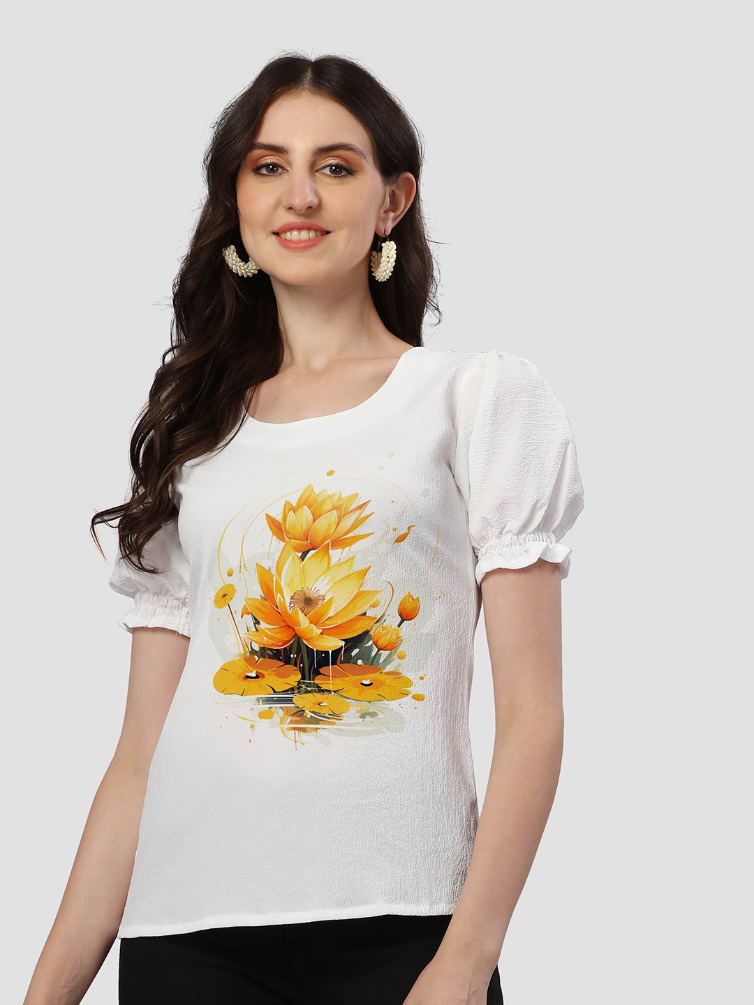 

VENISA Floral Printed Puffed Sleeves Top, White