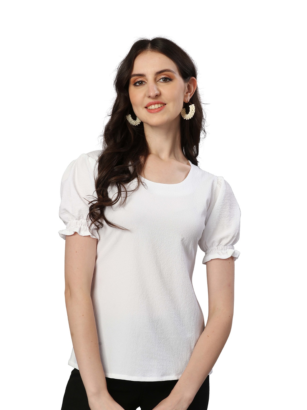 

VENISA Round Neck Puffed Sleeves Top, White