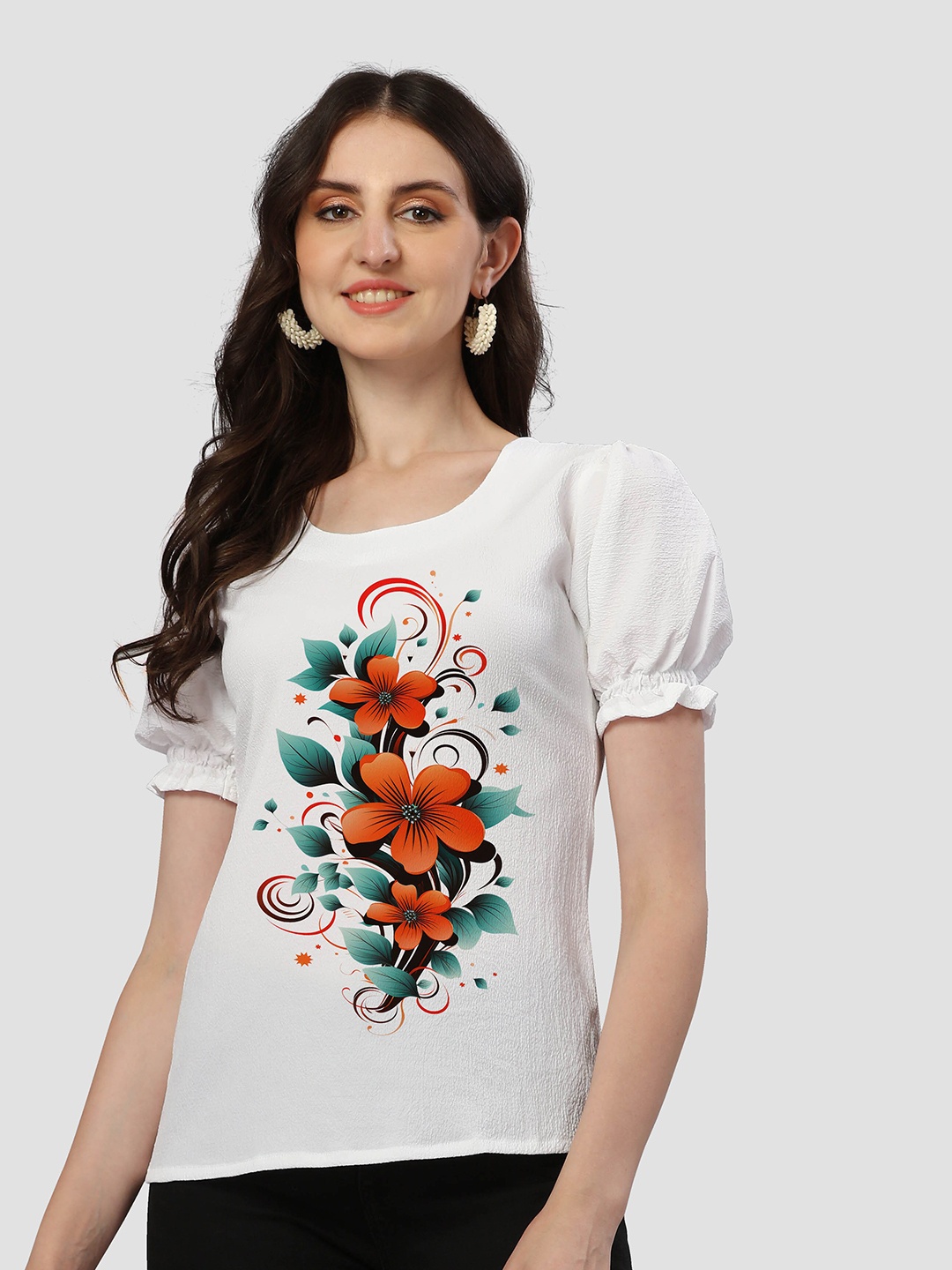 

VENISA Floral Printed Puffed Sleeves Top, White