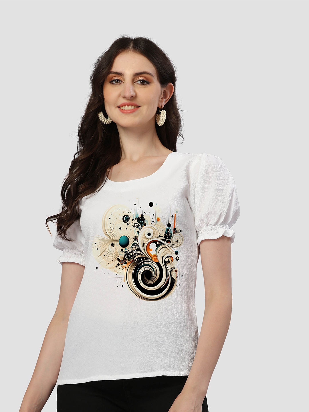 

VENISA Floral Printed Notched Neck Cotton Puff Sleeves Regular Top, White