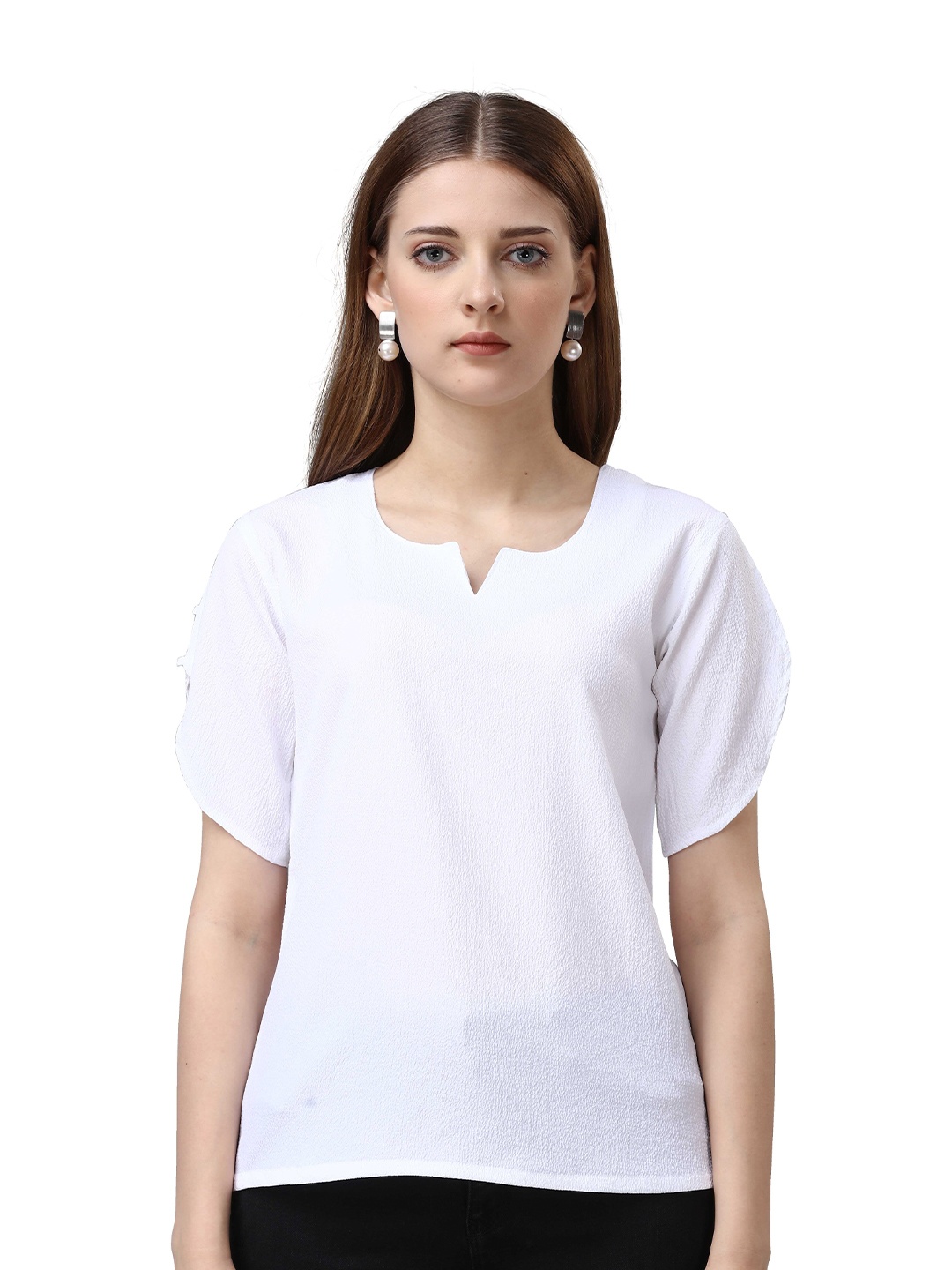 

VENISA Notched Neck Cotton Short Slit Sleeves Regular Top, White