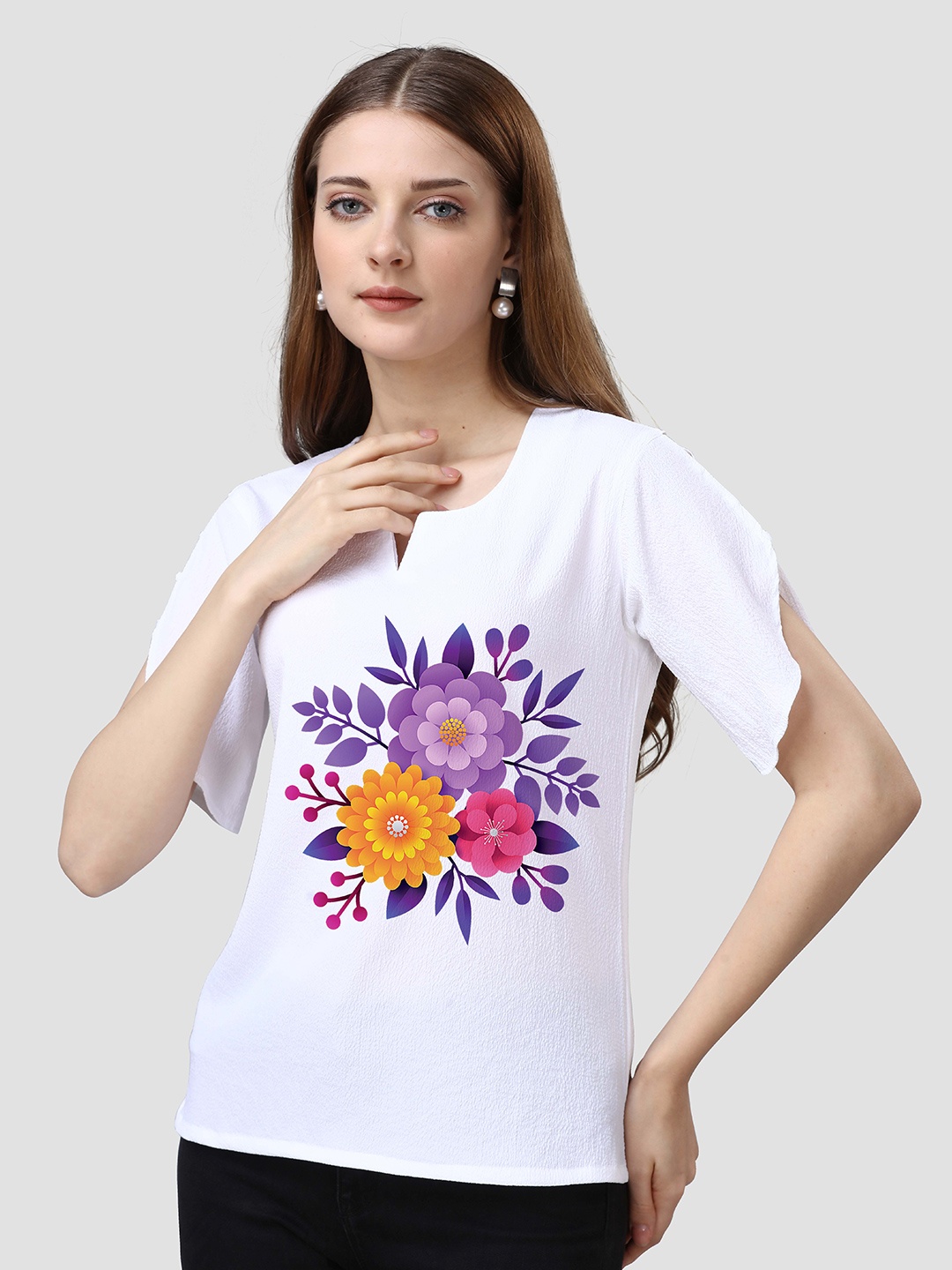 

VENISA Floral Printed Notched Neck Cotton Slit Sleeves Regular Top, White