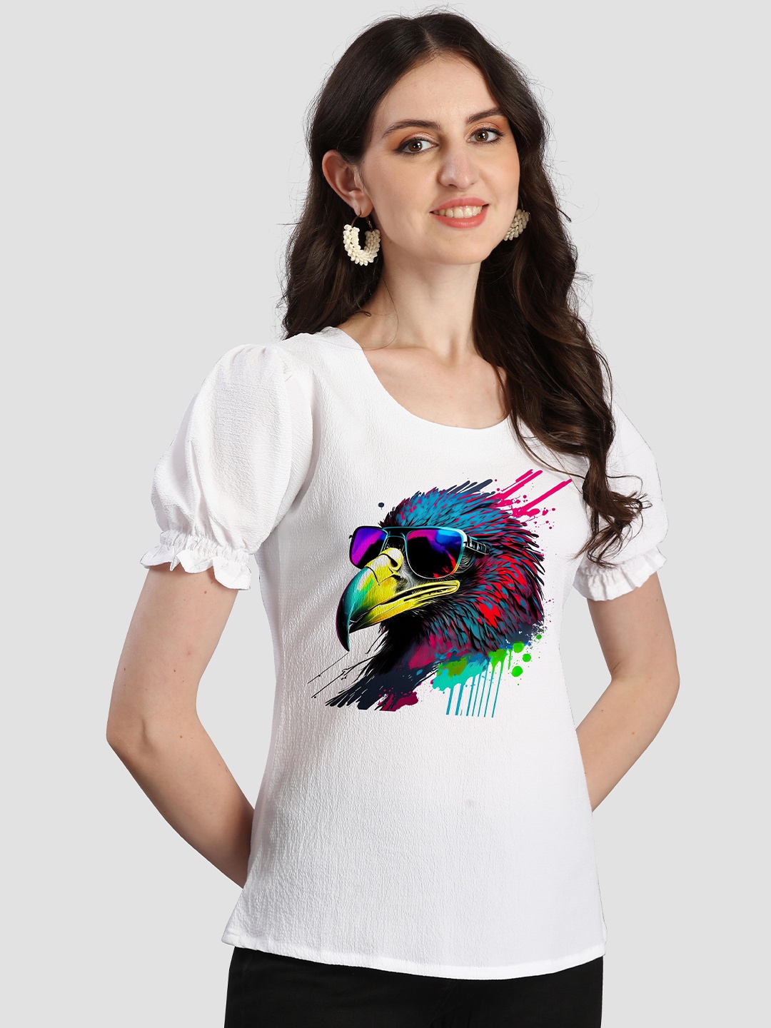 

VENISA Graphic Printed Puff Sleeve Top, White