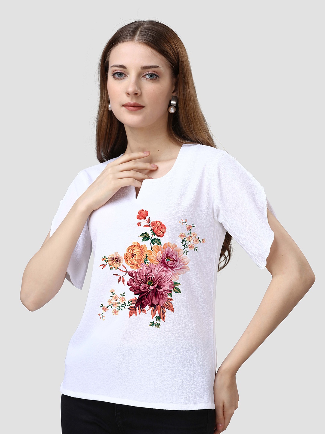 

VENISA Floral Printed Round Neck Top, White