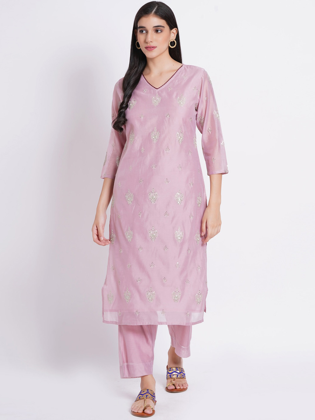 

SUTI Ethnic Motifs Embroidered Chanderi Silk Kurta with Palazzos, Pink