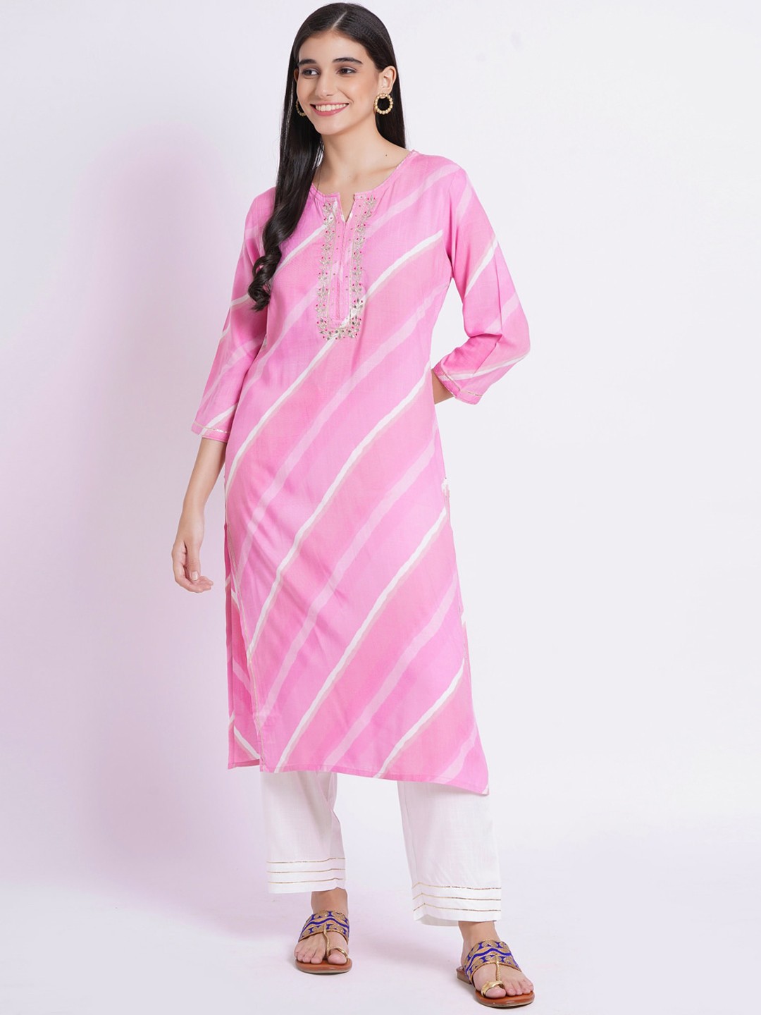 

SUTI Striped Sequinned Straight Kurta With Trousers, Pink