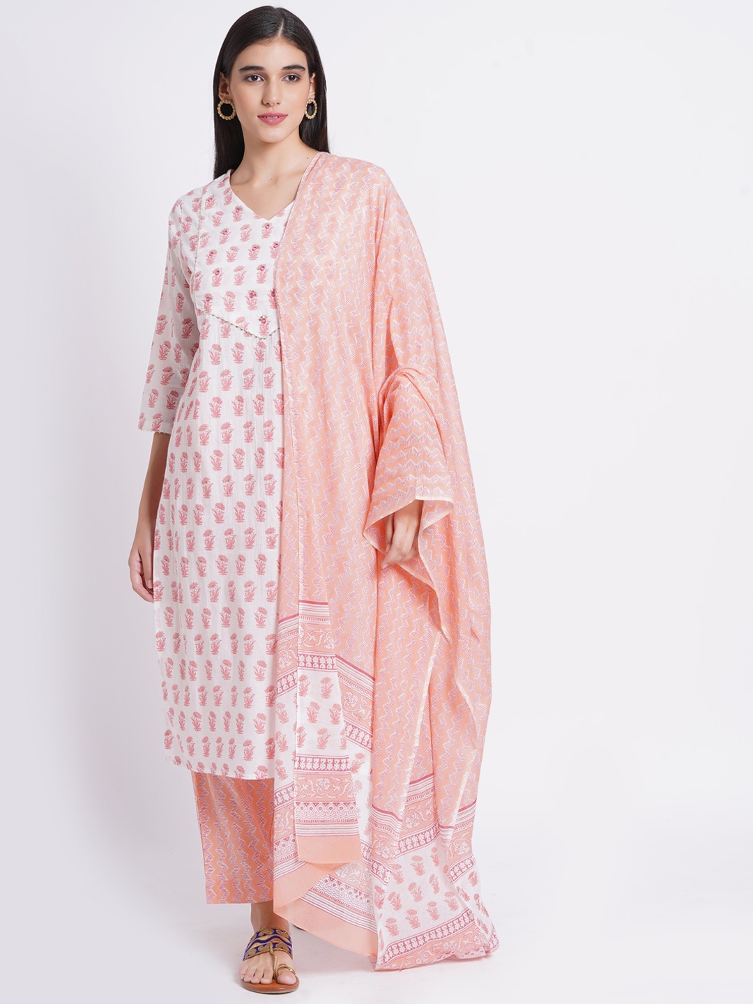 

SUTI Ethnic Motifs Printed Regular Pure Cotton Kurta With Trousers & With Dupatta, Peach