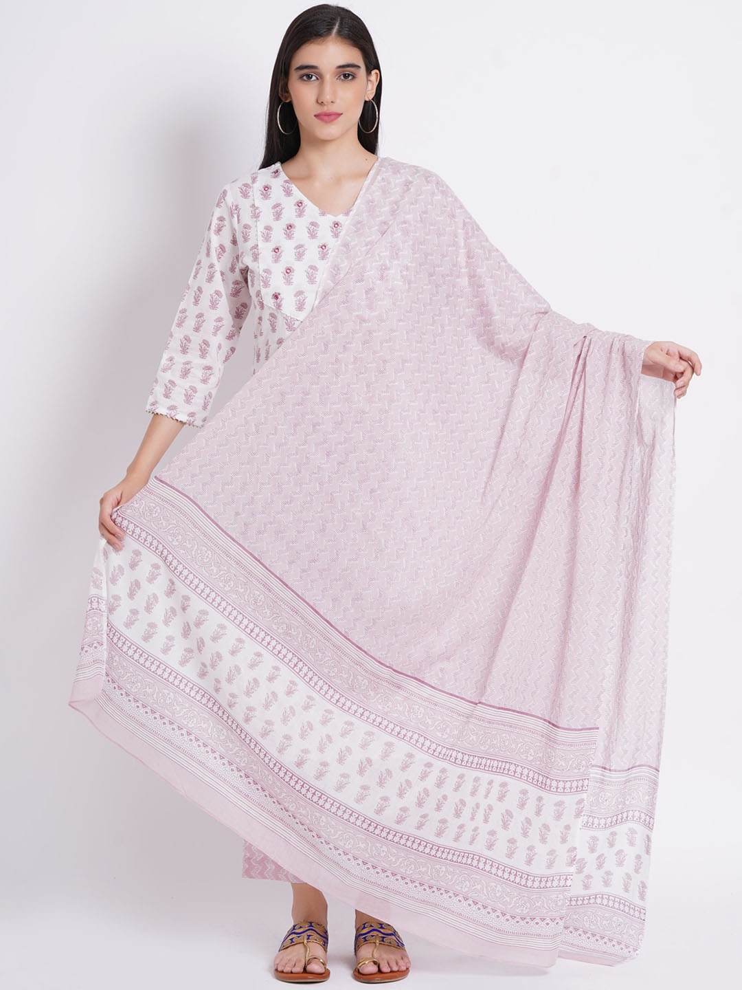 

SUTI Ethnic Motifs Printed Regular Gotta Patti Pure Cotton Kurta With Trousers & Dupatta, Mauve