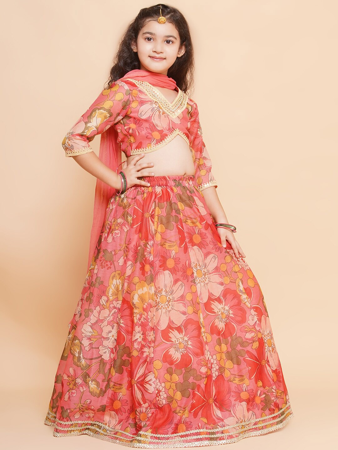 

Bitiya by Bhama Girls Printed Zari Sequined Ready to Wear Lehenga & Blouse With Dupatta, Peach