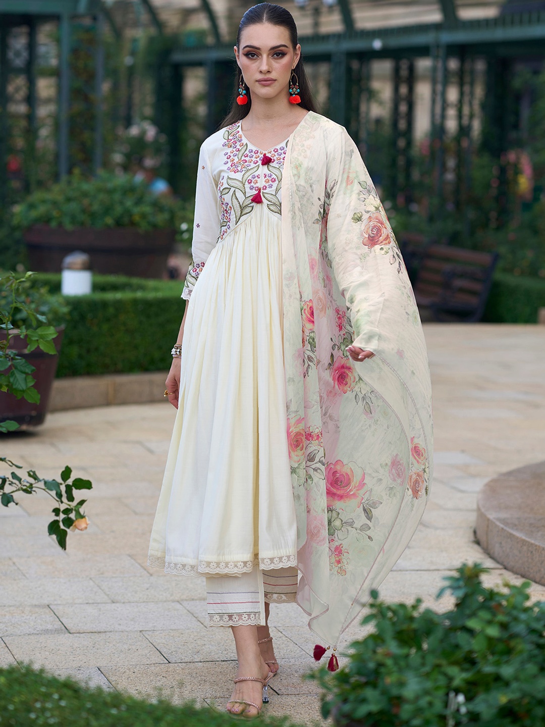 

Indo Era Floral Embroidered Yoke Design Empire Kurta with Trousers & Dupatta, White