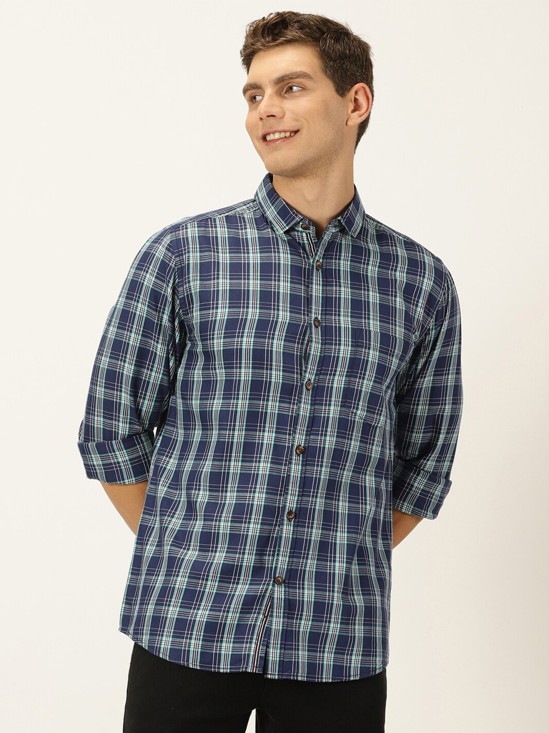 

Mast & Harbour Navy Blue Classic Slim Fit Tartan Checked Twill Pure Cotton Casual Shirt