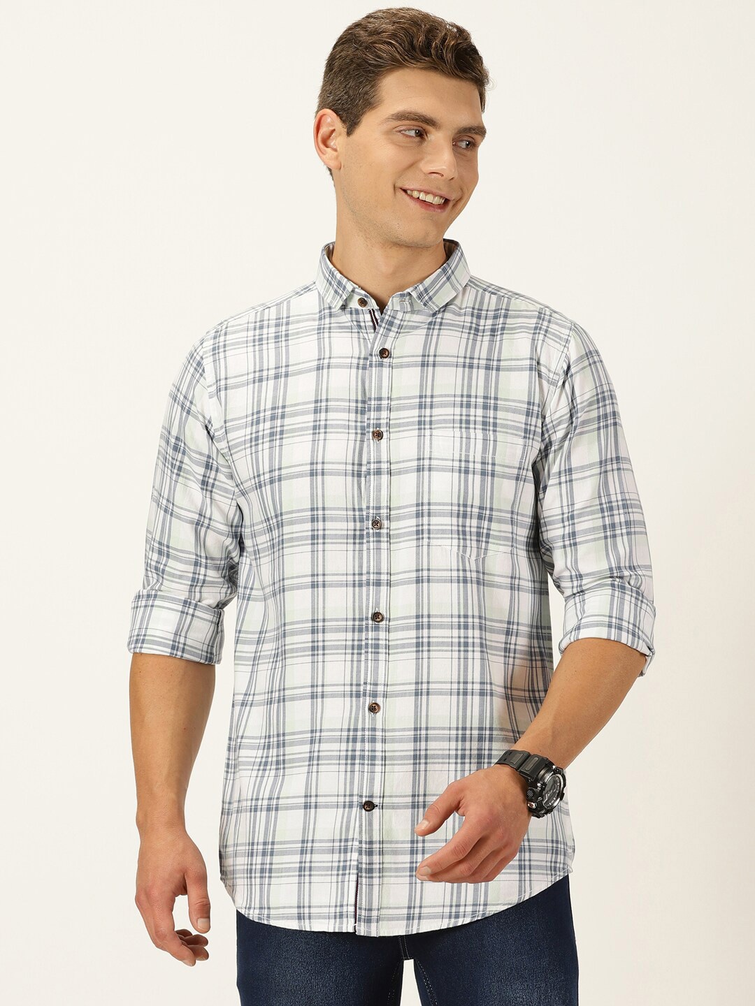

Mast & Harbour White Classic Slim Fit Tartan Checked Twill Pure Cotton Casual Shirt