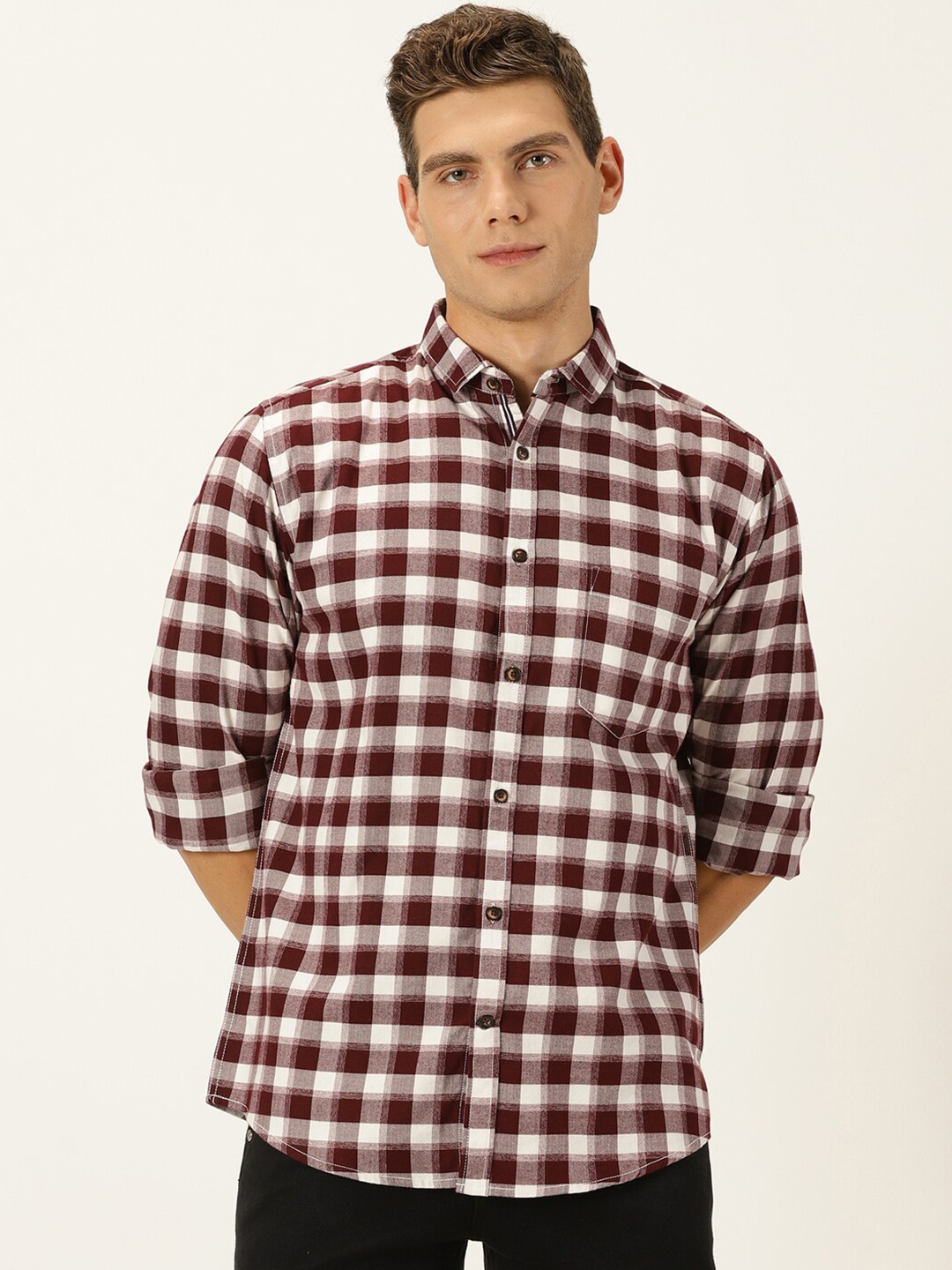 

Mast & Harbour Maroon Classic Slim Fit Gingham Checked Twill Pure Cotton Casual Shirt