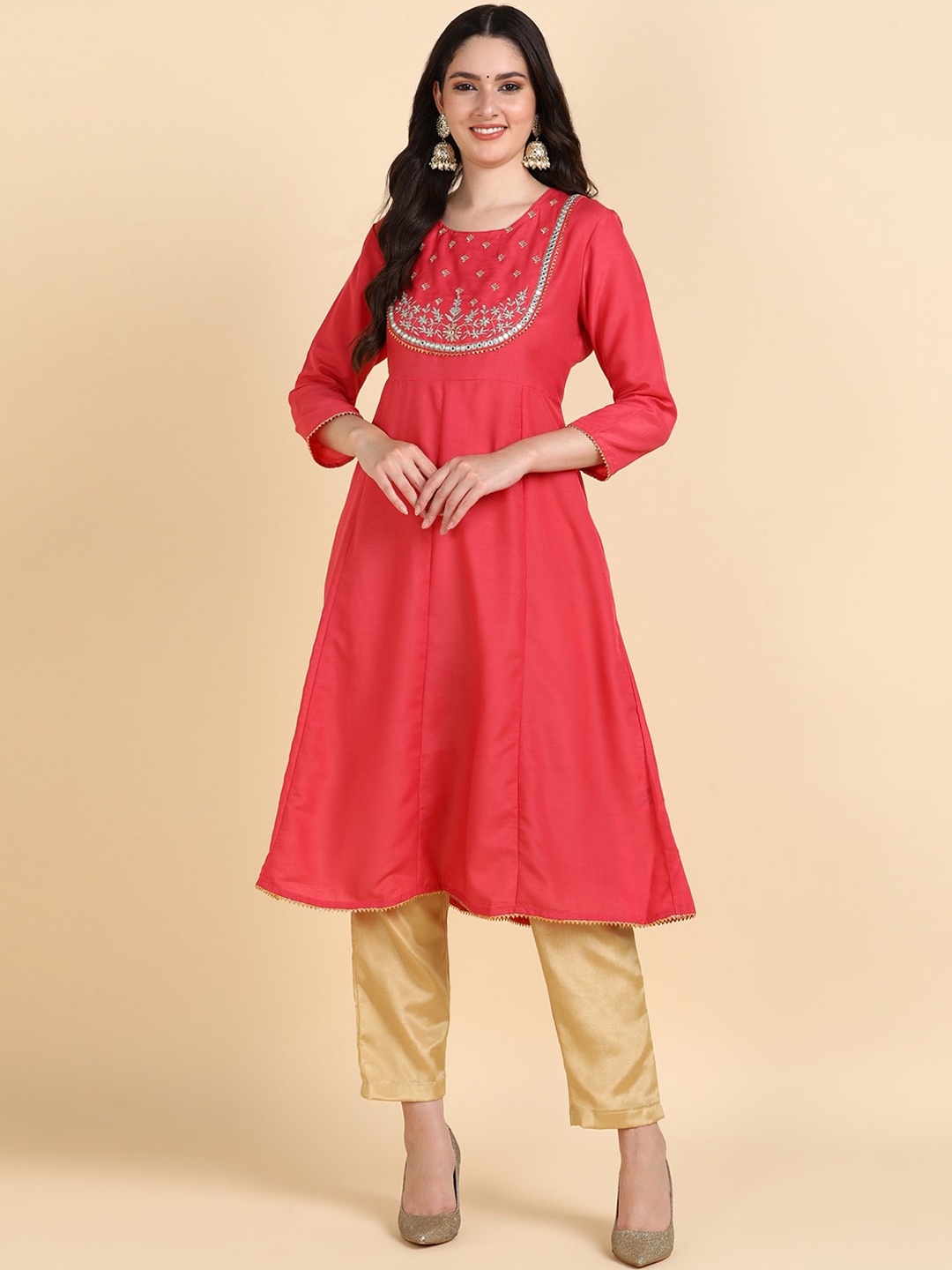 

HERE&NOW Floral Embroidered Round Neck Cotton A-Line Kurta, Peach