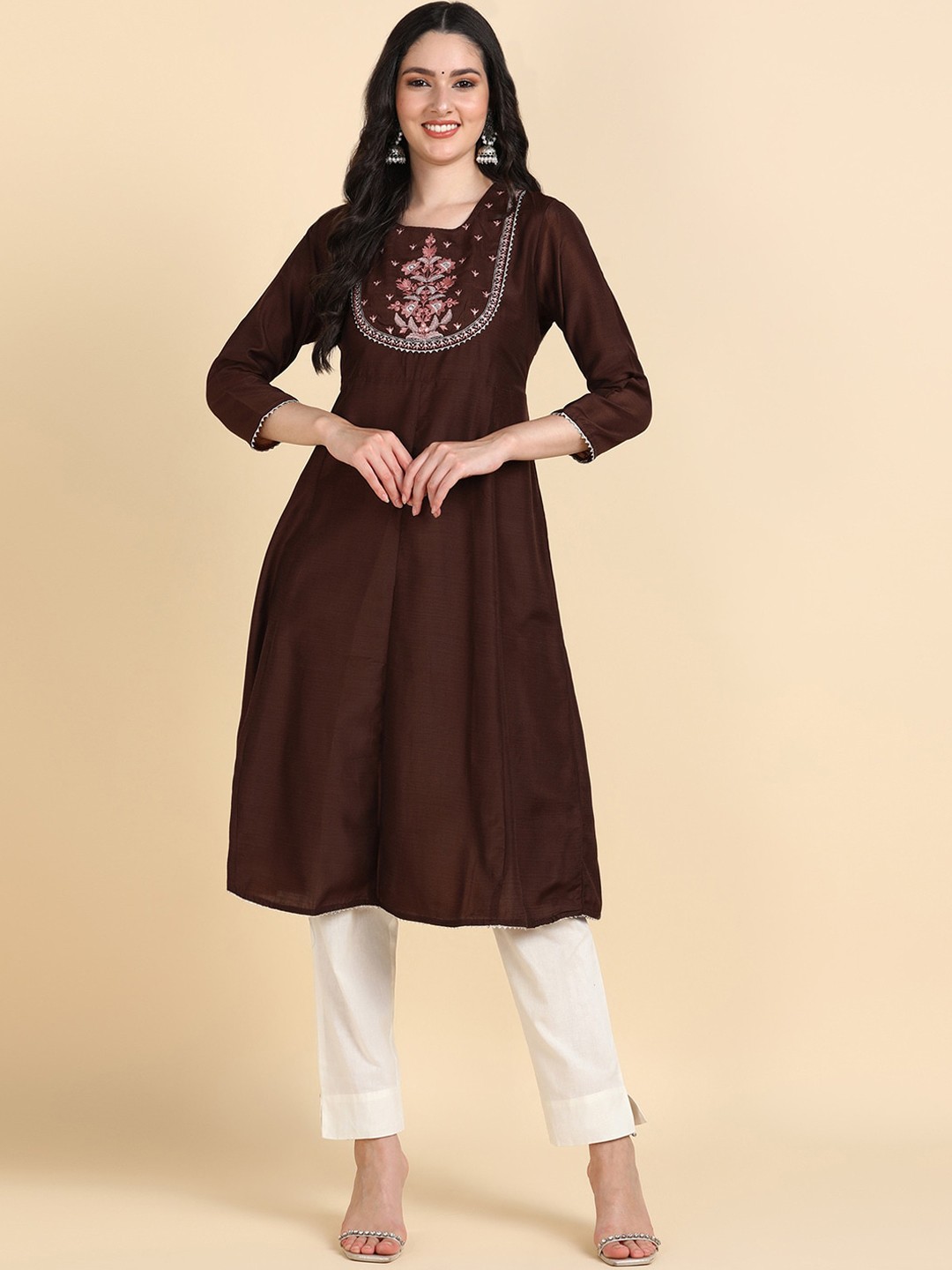 

HERE&NOW Floral Embroidered Round Neck Cotton A-Line Kurta, Brown