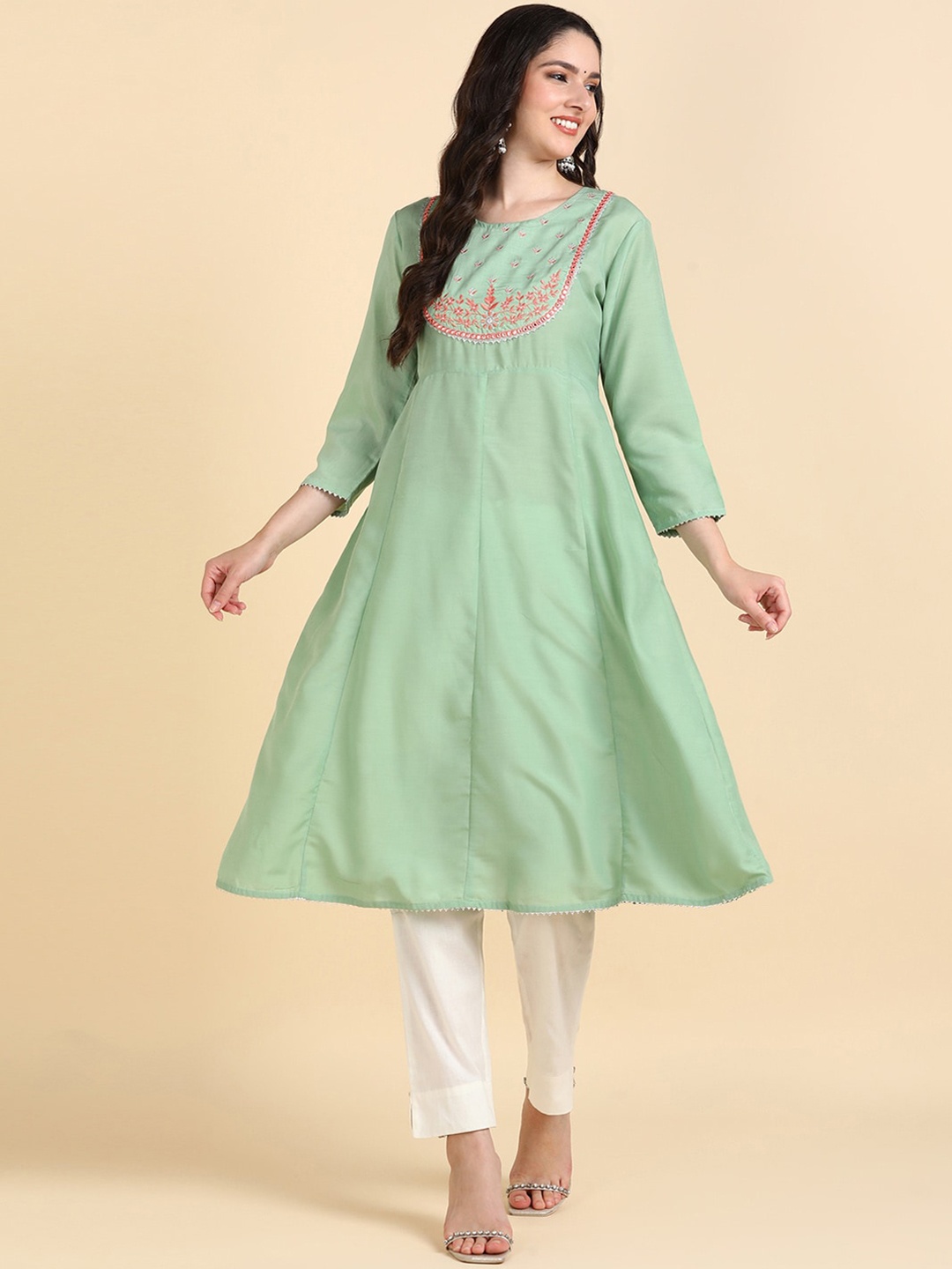 

HERE&NOW Floral Embroidered Round Neck Cotton A-Line Kurta, Green