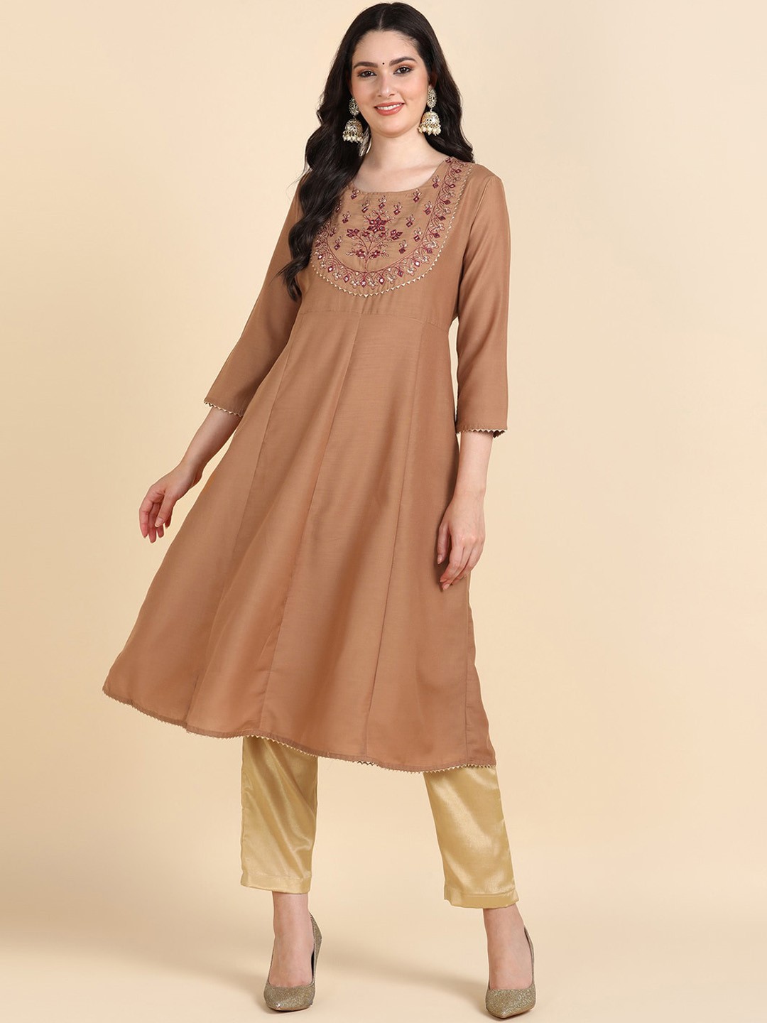 

HERE&NOW Beige Floral Yoke Design Mirror Work Cotton A-Line Kurta