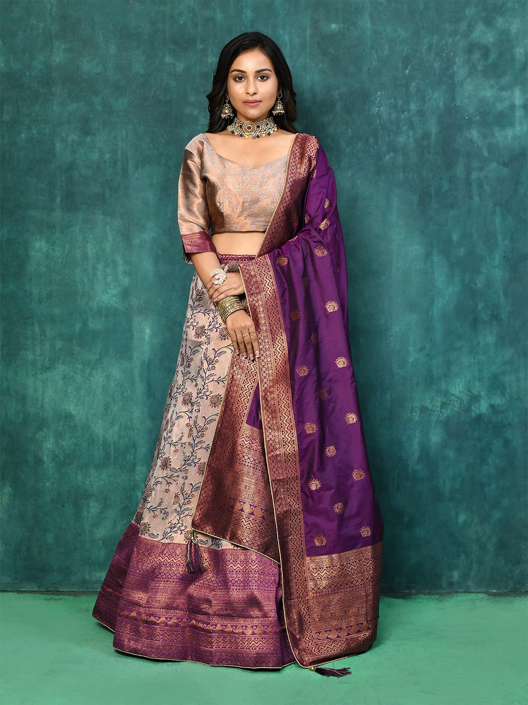 

elora Woven Design Ready To Wear Lehenga & Unstitched Blouse With Dupatta, Beige