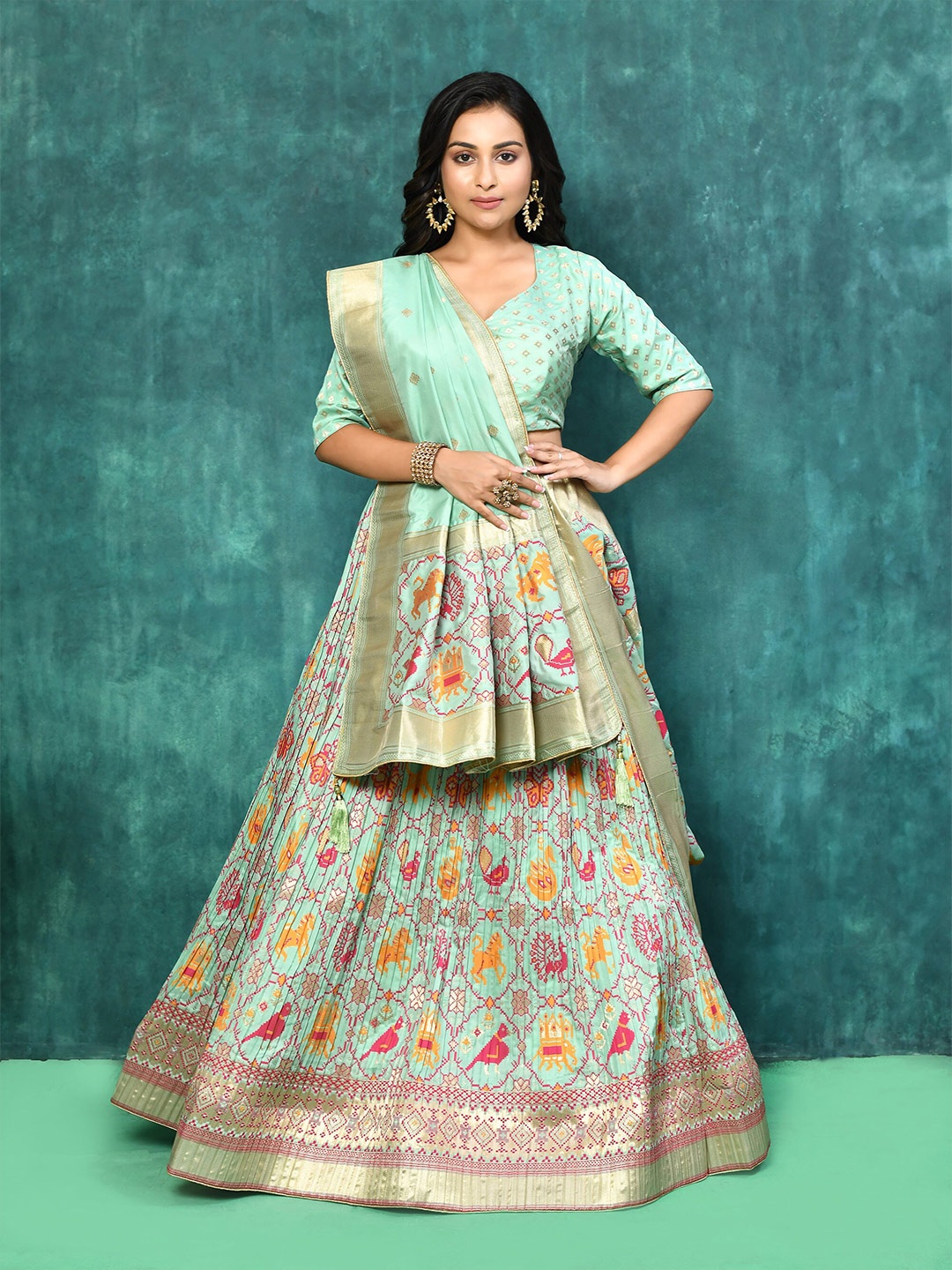 

elora Ethnic Motif Printed Semi Stitched Lehenga & Unstitched Blouse With Dupatta, Green