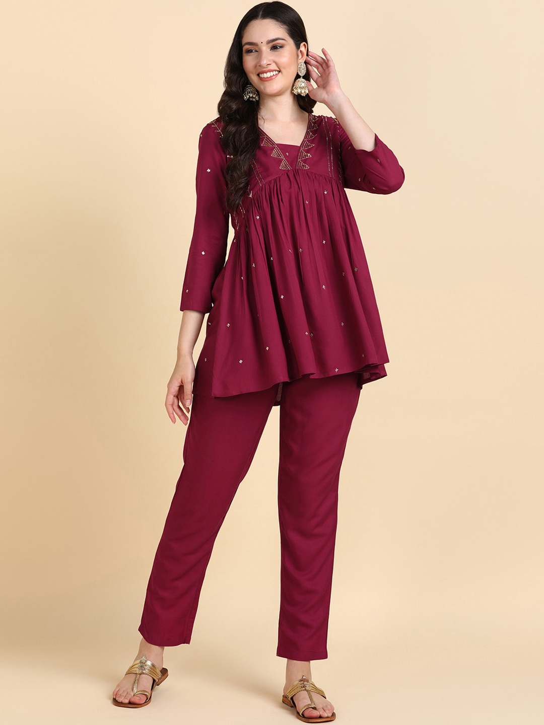 

HERE&NOW Embroidered Top & Trousers Co-Ords, Maroon