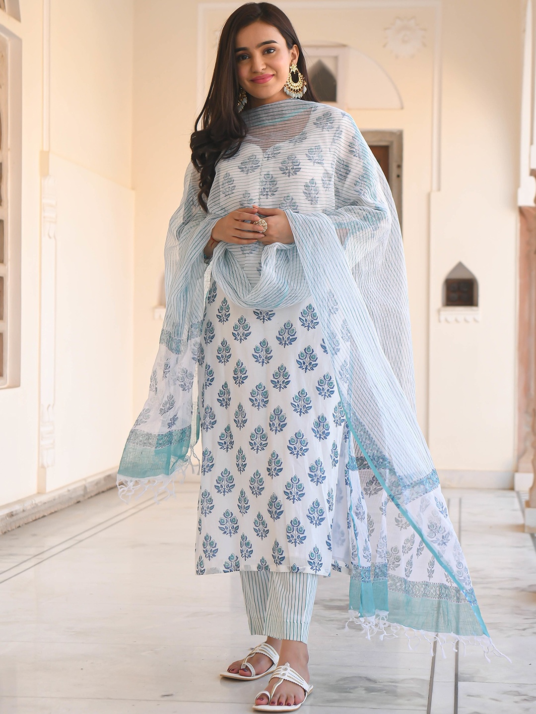 

KALINI Ethnic Motifs Printed Kurta With Trousers & Dupatta, White