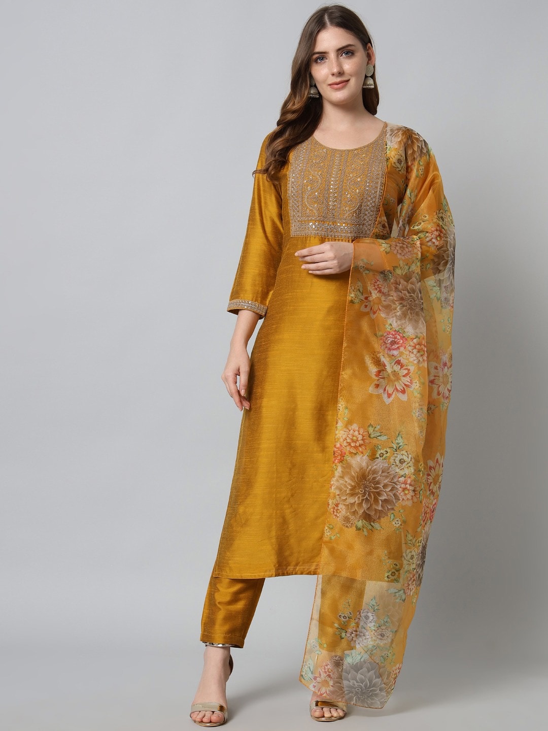 

KALINI Ethnic Motifs Yoke Design Regular Kurta With Trousers & Dupatta, Mustard