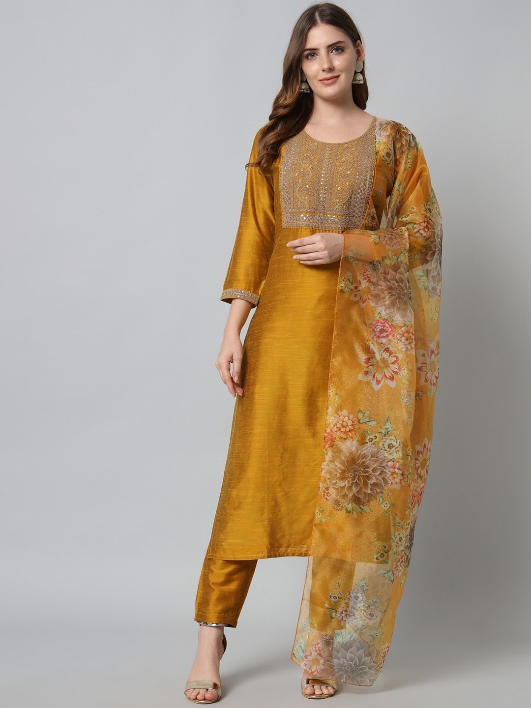 

KALINI Ethnic Motifs Sequinned Yoke Design Regular Kurta With Trousers & Dupatta, Mustard