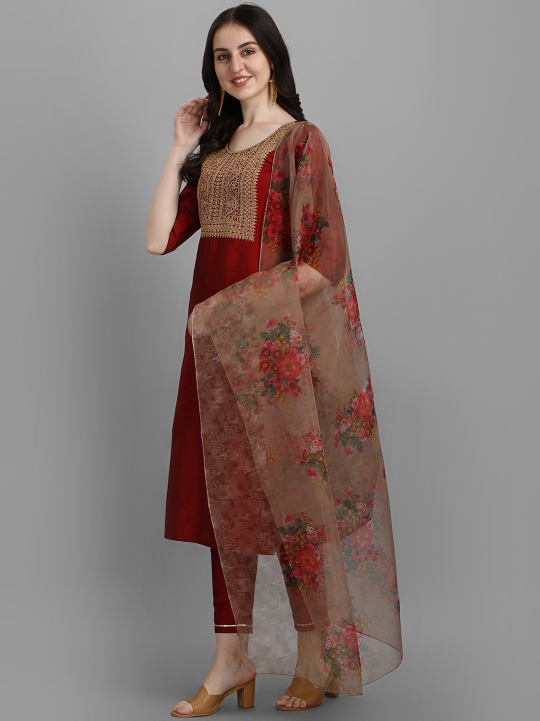 

KALINI Ethnic Motifs Yoke Design Thread Work Kurta With Trousers & Dupatta, Maroon