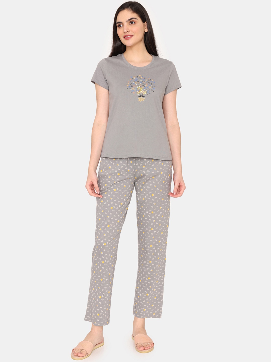 

Zivame Printed Pure Cotton T-shirt With Pyjamas, Grey