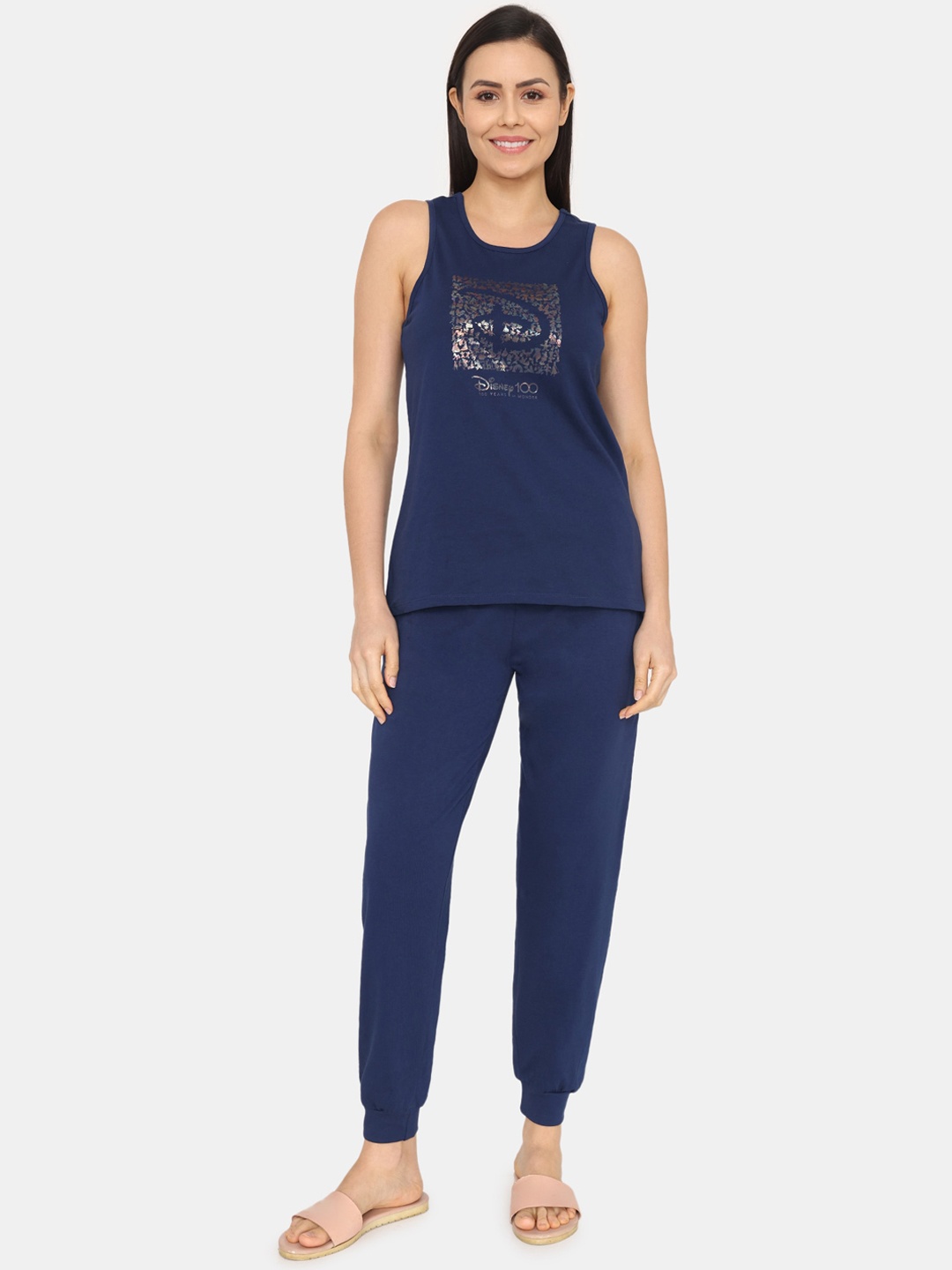 

Zivame Printed Pure Cotton Top With Pyjamas, Navy blue