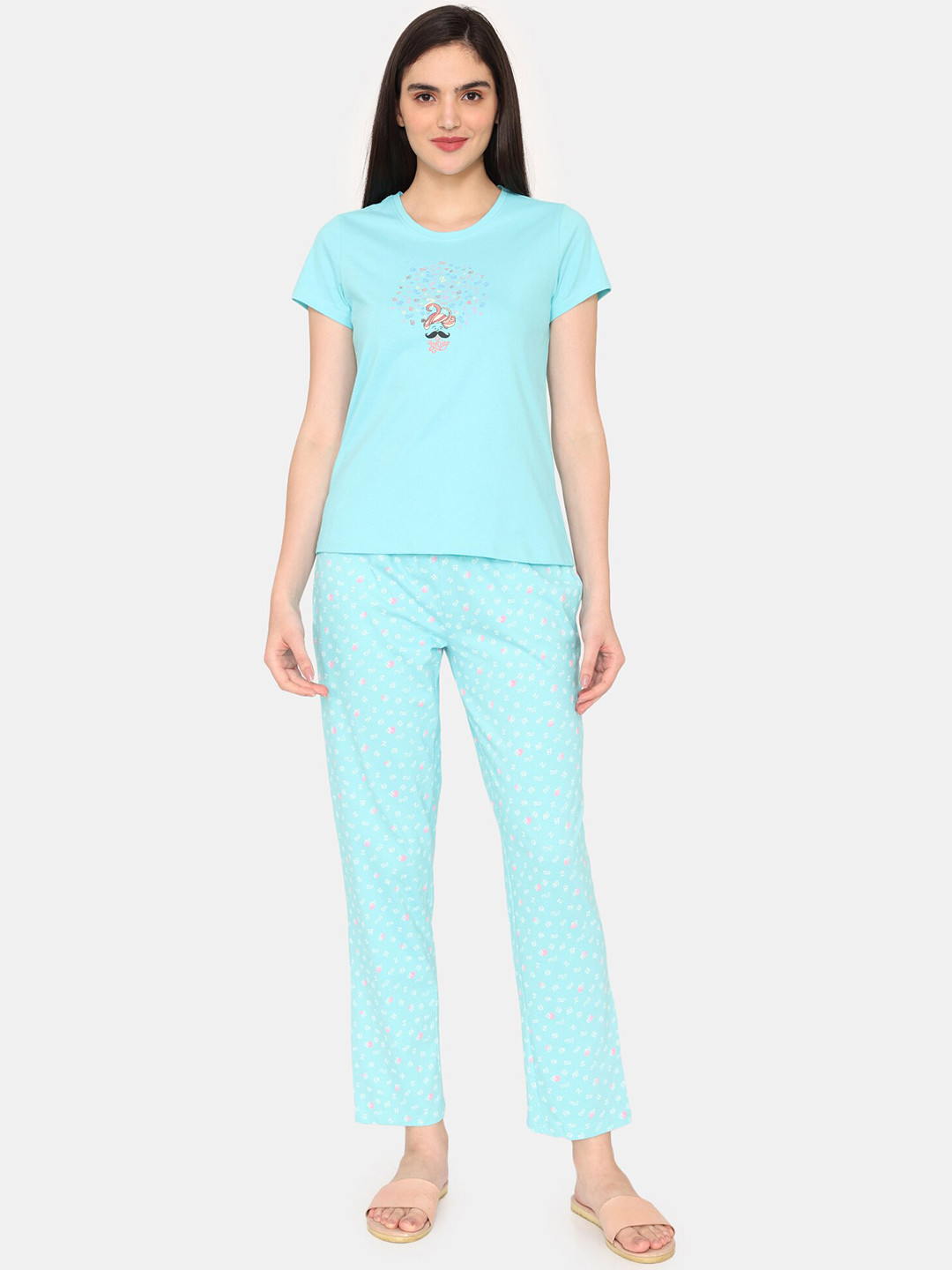 

Zivame Printed Pure Cotton Night suit, Turquoise blue
