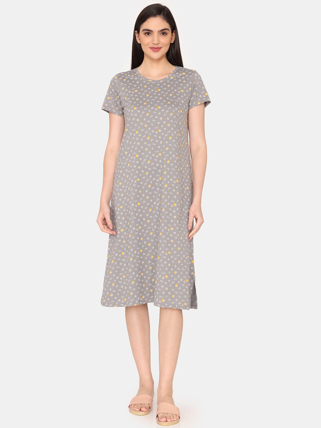 

Zivame Printed Pure Cotton Nightdress, Grey