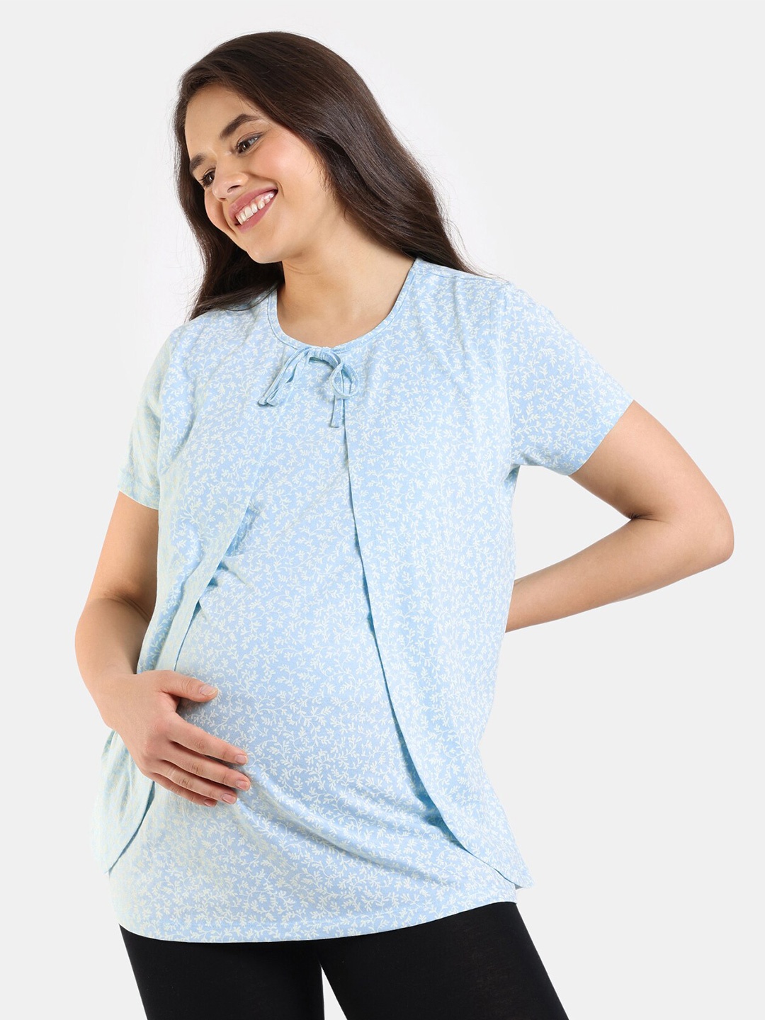 

Zivame Floral Printed Round Neck Maternity & Feeding Top, Blue